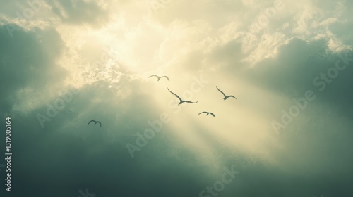 Overcast summer sky with gentle light breaking through, birds soaring peacefully 