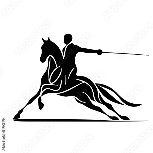 Equestrian fencer in a dramatic silhouette mid-duel