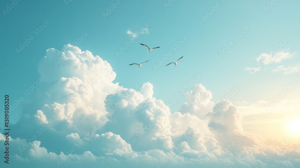 Obraz premium Peaceful midday sky, soft fluffy clouds, a group of birds flying calmly above 