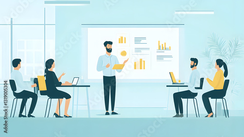 A trainer is presenting training materials in front of a projector screen in a training room.