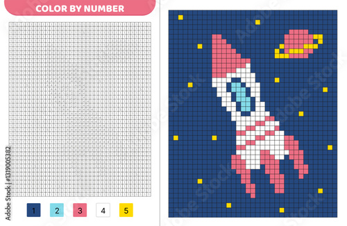 Color pixel by number. Pink rocket in space. Pixel coloring book. Numbered squares. Game for kids. Pixel art. Isolated vector illustration eps 10