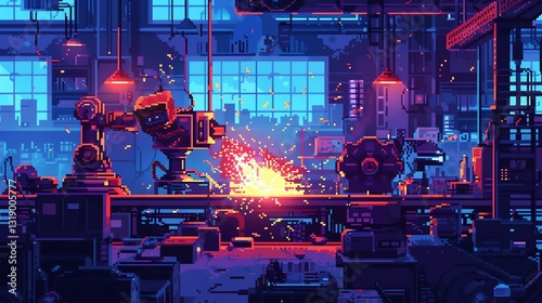 Pixel art of a futuristic factory with robots working.