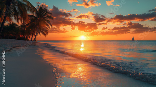Golden Sunset Over Tropical Beach with Orange Hues Reflecting in Calm Ocean Water and Silhouette Palm Trees