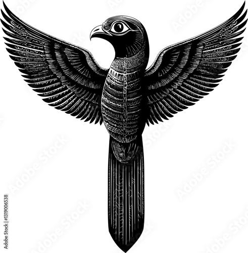 Intricate black and white illustration of a bird with spread wings, inspired by ancient or tribal art. Detailed feathers and symmetrical design evoke mysticism and power
