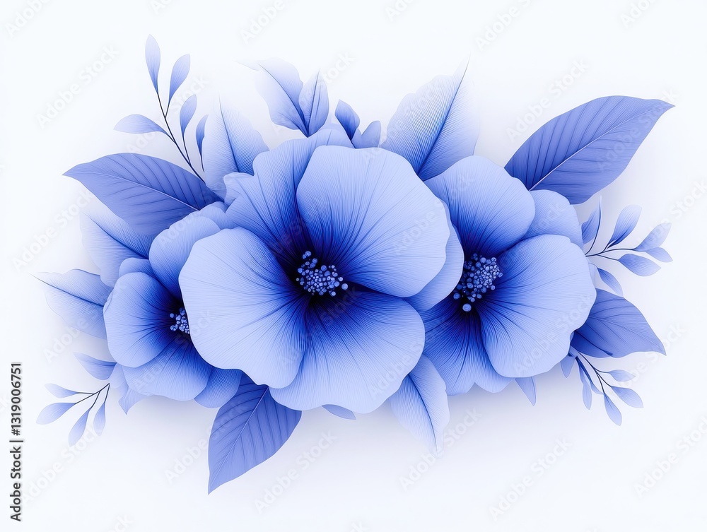 Fototapeta premium Beautiful blue floral arrangement featuring hibiscus flowers and leaves