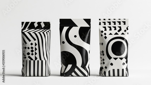 Stylish black and white packaging design featuring geometric patterns and shapes for modern products and brands