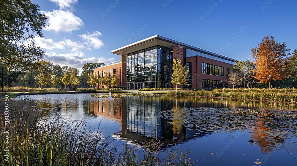 Fototapeta premium Modern Brick Office Building with Pond Reflection Autumn Landscape