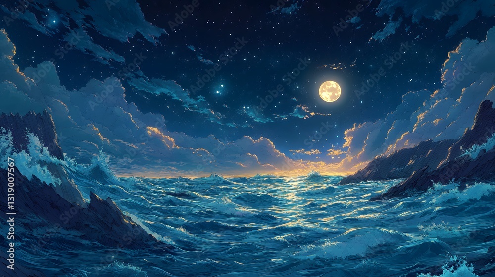 The moon shines brightly over a stormy ocean at night