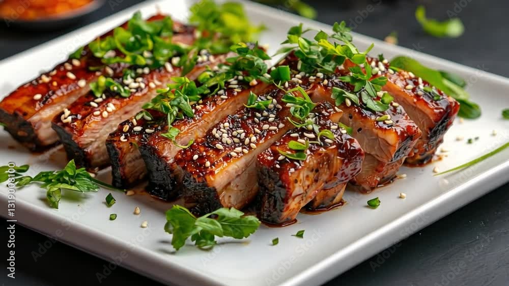Savory Glazed Pork Belly Slices Garnished with Fresh Herbs and Sesame Seeds on a Platter for Mouthwatering Culinary Delight Savory Glazed Pork Belly Slices Garnished with Fresh Herbs and Sesame Seeds on a Platter for Mouthwatering Culinary Delight