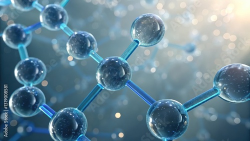 Abstract 3D molecular structure with transparent spheres and glowing blue connections. Concept of nanotechnology, biochemistry, and futuristic scientific research