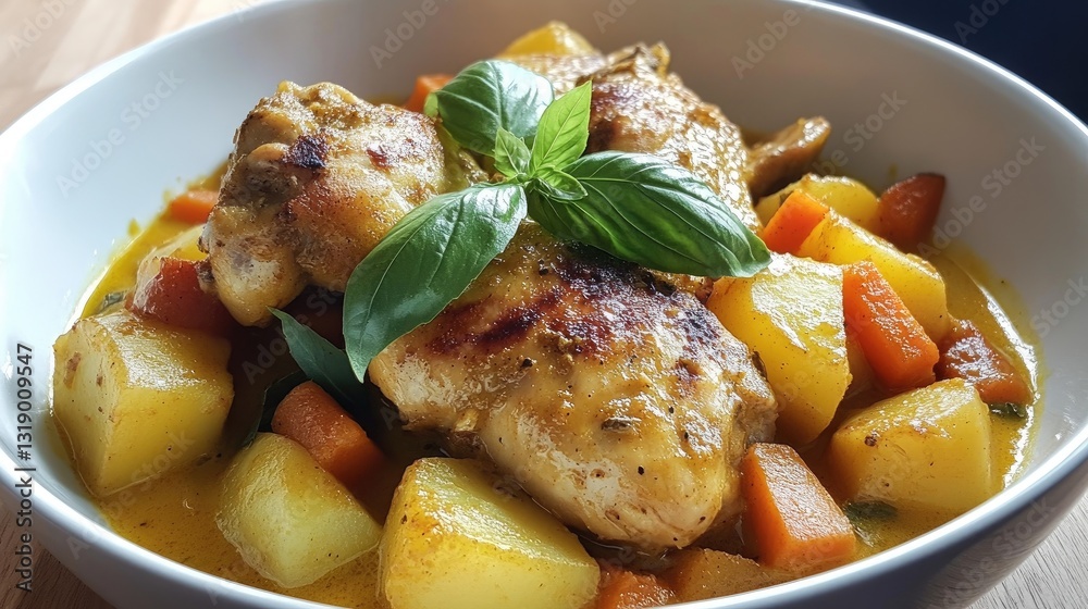 Delicious Chicken Dish with Fresh Basil, Colorful Vegetables and Savory Sauce on a Wooden Surface Delicious Chicken Dish with Fresh Basil, Colorful Vegetables and Savory Sauce on a Wooden Surface