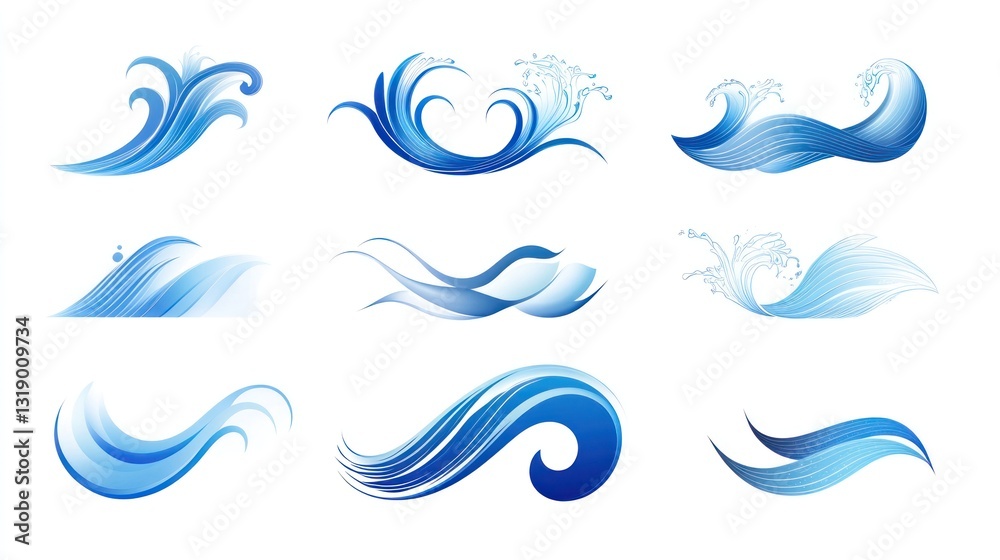 Collection of stylized water waves, graphic design elements Collection of stylized water waves, graphic design elements