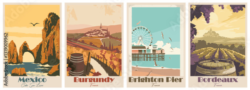 Vintage Travel Poster Collection – Bordeaux, Brighton Pier, Burgundy, Cabo San Lucas