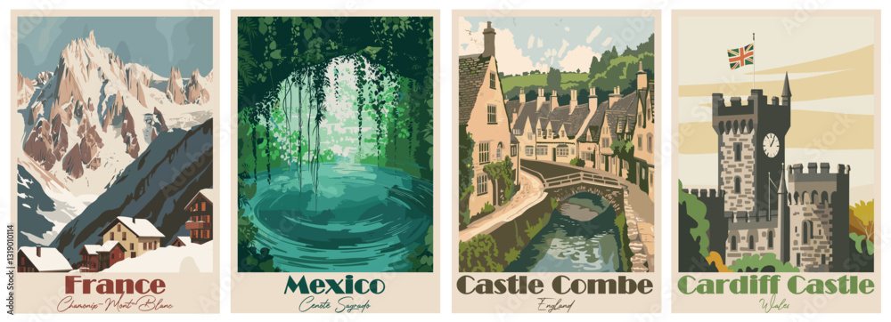 Vintage Travel Poster – Cardiff Castle, Castle Combe, Cenote Sagrado, Chamonix-Mont-Blanc