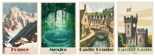 Vintage Travel Poster – Cardiff Castle, Castle Combe, Cenote Sagrado, Chamonix-Mont-Blanc