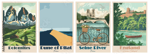 Vintage Travel Poster – Seine River, Dolomites, Dune of Pilat, Durham Cathedral