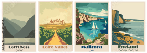 Vintage Travel Poster – Loch Ness, Loire Valley, Lyme Regis Fossil Cliffs, Mallorca