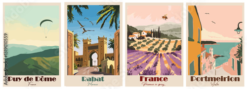 Vintage Travel Poster – Portmeirion, Provence, Puy de Dôme, Rabat