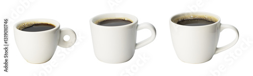 collection of black americano coffee filter and espresso in ceramic coffee mug with handle in difference size, side view isolated clipping path on white background. 