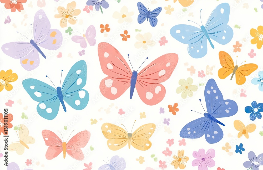 A captivating group of colorful butterflies fluttering around a vibrant garden filled with blooming flowers A captivating group of colorful butterflies fluttering around a vibrant garden filled with blooming flowers