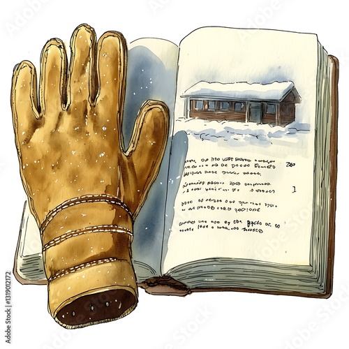 Glove Adjacency with Illustrated Sketchbook Depicting Lodge Retreat and Written Musings