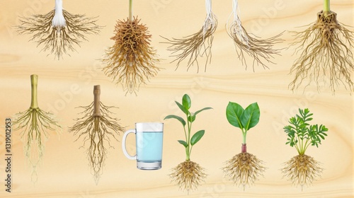 Plant roots with blue glass of water and three different plant seedlings on wooden surface. Natural textures and vibrant greens highlight growth, propagation, and botanical beauty in serene setting