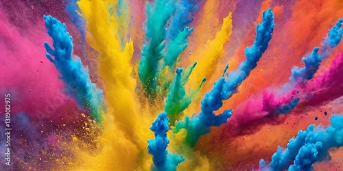 Vibrant Holi Colors Explosion with Dynamic Swirls, Colorful Powder Burst, Yellow-Blue Contrast, Pink-Cyan Clouds, Energetic Brushstrokes, Fluid Art, Bold Composition, Bright and Textured Motion photo