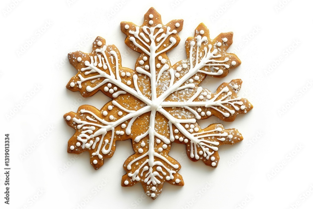 Snowflake gingerbread cookie on white background. AI image