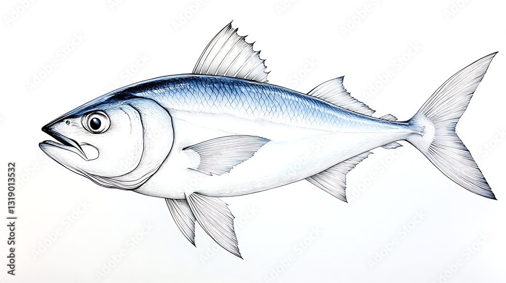 Fototapeta premium Detailed Line Drawing of a Bluefin Tuna Oceanic Fish Illustration Seafood Art