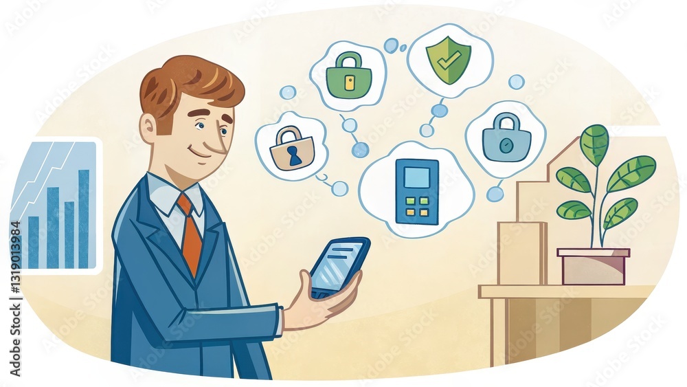 digital wallet concept A businessman using a smartphone, engaging with security-related icons and a potted plant in a modern office setting. digital wallet concept A businessman using a smartphone, engaging with security-related icons and a potted plant in a modern office setting.