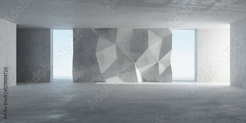 Fototapeta Naklejka Na Ścianę i Meble -  Abstract empty, modern concrete room interior with polygonal back wall and openings to ocean view - industrial interior background template
