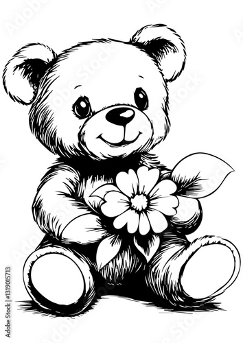 Teddy Bear with flower illustration, Cute vector animal toy, Gift idea, printable, engrave laser, digital prints, Teddy Bear Design, vector illustration, cricut, sublimation, logotype design 