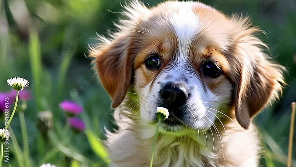 Brown and White Puppy with Curious Mood in Meadow with Flowers Brown and White Puppy with Curious Mood in Meadow with Flowers