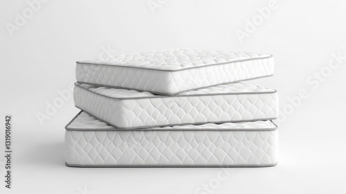Three white mattresses are neatly stacked, featuring a quilted texture that adds comfort and style. The minimalist design enhances any sleeping space