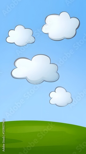 Cartoon depiction of clouds floating in a blue sky above green land