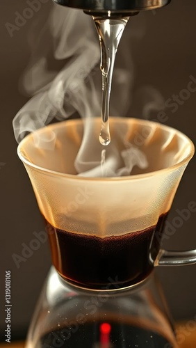 Steaming water drips slowly over coffee grounds in a filter, filter, hot water, dripcoffee photo