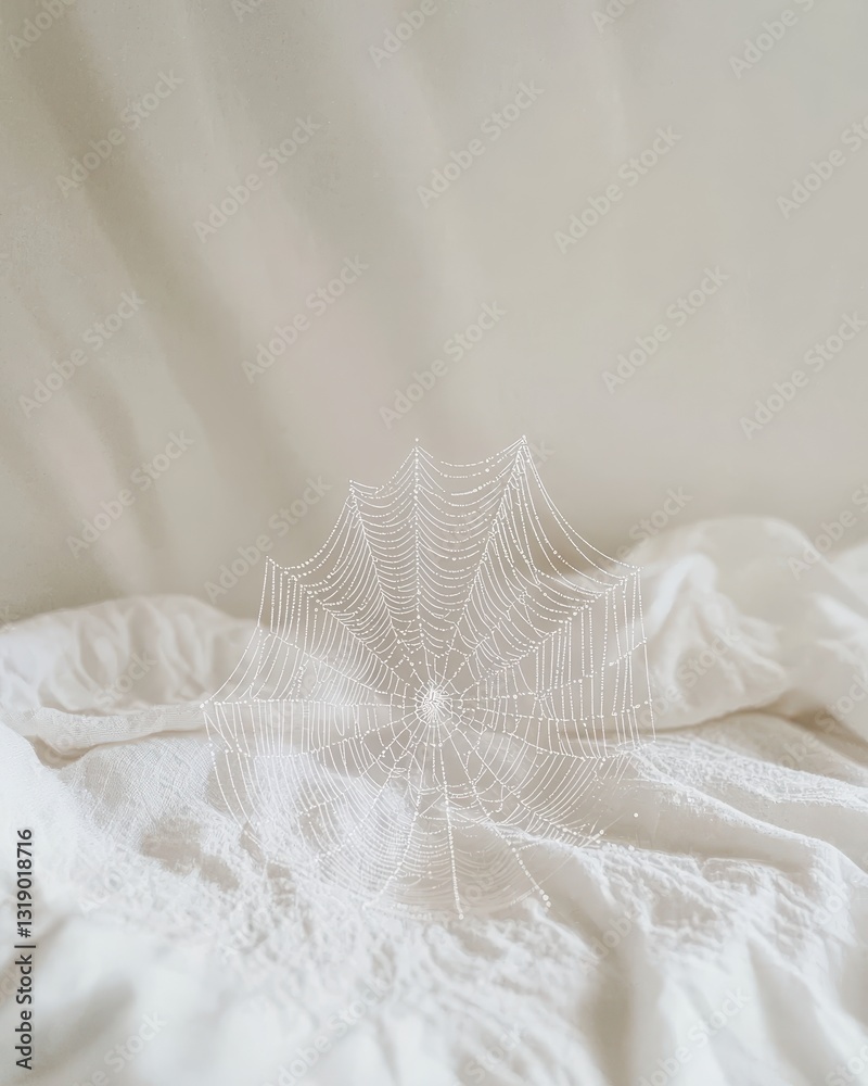 Obraz premium Intricate Spider Web on Soft White Fabric Background