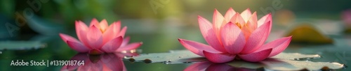 Soft orange and pink hues of blooming lotus flowers in the water, color palette, botanical
