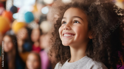 A young girl looking up at a wall of inspiring female role models, representing hop for future generations.