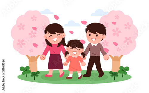 A family enjoying the cherry blossom festival. A happy spring illustration.