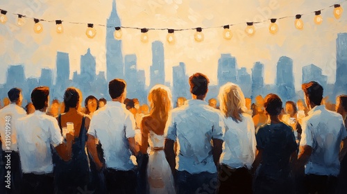 A summer rooftop concert in the city, a diverse crowd vibing to live music, drinks in hand, the skyline glowing in the background.