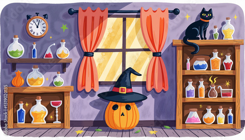Whimsical witch’s lair with potions, black cat, and artifacts, magic
