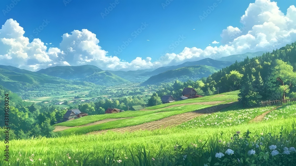 A beautiful scenic landscape with green hills and blue sky A beautiful scenic landscape with green hills and blue sky