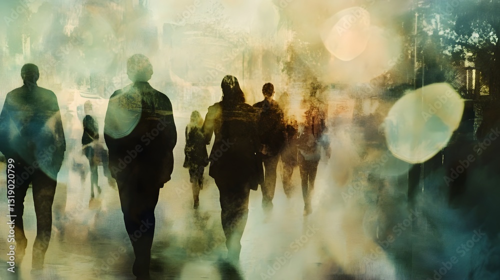 Obraz premium Silhouetted figures move through a fog shrouded urban landscape their forms obscured and abstracted creating a sense of mystery and intrigue