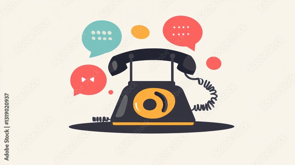 Retro telephone with communication bubbles, for contact, support or customer service Retro telephone with communication bubbles, for contact, support or customer service
