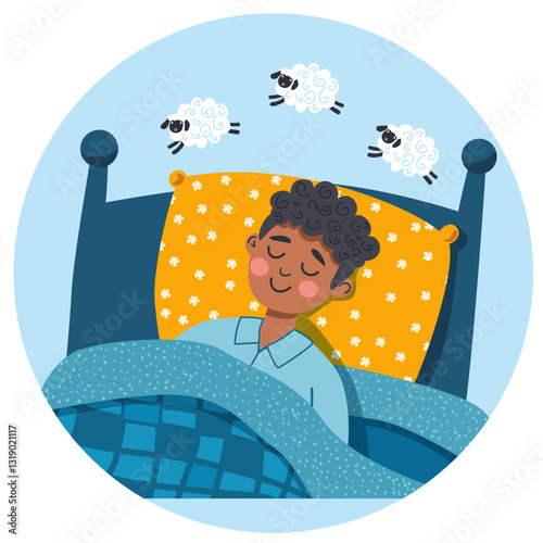 Man sleeping in bed. Healthy sleep. Flat graphic vector illustration on white background