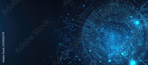 Abstract blue light trail background with glowing dots and lines forming an illuminated tunne