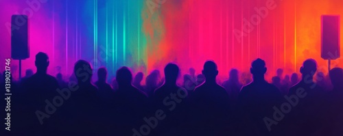 An artistic interpretation of music and sound at a summer concert, colorful sound waves rippling from massive speakers.