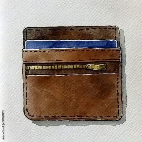 Leather Bi Fold Wallet Brown with Blue Card Storage Hand Drawn Watercolor Illustration Style Art