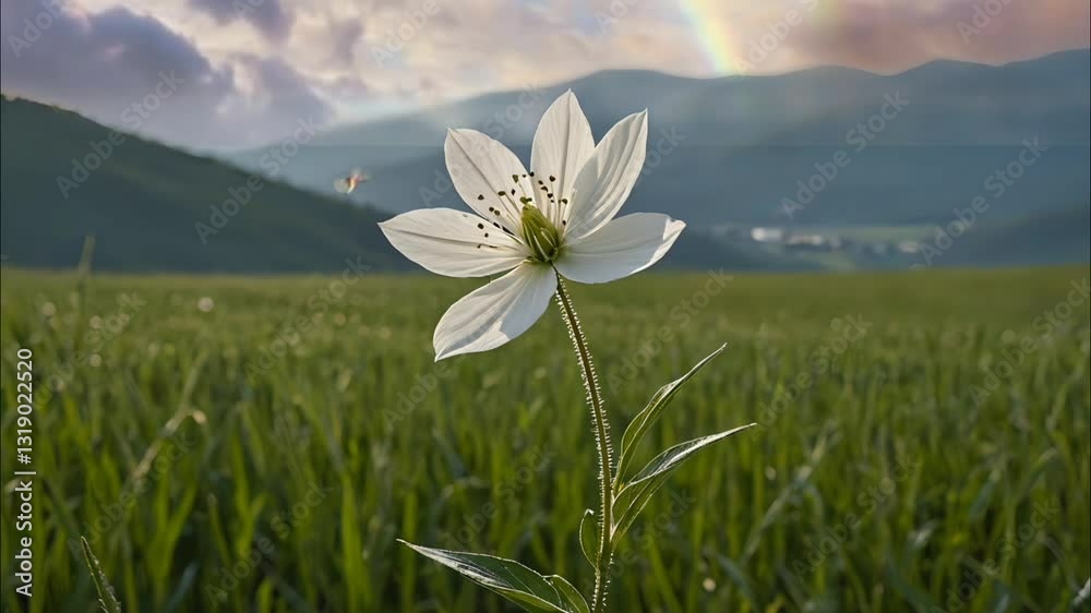 White flower blooming in a green meadow with mountains and rainbow in the background, serene nature scene, seamless looping 4K time-lapse animation video background